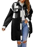 Feziakuk Damen Mantel Flanell Dufflecoat Lässiges Revers Kariert Jacke Warme Mittellange Wollmantel Herbst Winter Einreihiger Kaschmirmantel Frauen Wintermantel, Schwarz M