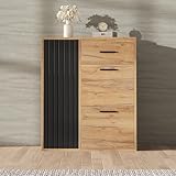 Merax Moderner Schuhschrank mit 2 Klapptüren, Schublade & Seitentür – Kompakte Schuhkommode mit verstellbaren Regalen, Schwarz & Naturfarben, 80×24×95.5 cm Flurmöbel