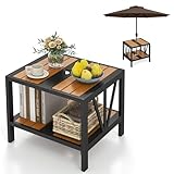 RELAX4LIFE Beistelltisch mit Schirmloch, Loungetisch Outdoor mit 2 Ebenen, Balkontisch Klein Wetterfest, Gartentisch aus Metall, Möbel für Garten, Terrasse & Poolbereich, 52 x 46 x 45 cm