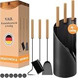 BLACK OAK Kaminbesteck VAIL 4-teilig - modernes Ofenbesteck Set schwarz mit Holzgriff 4 teilig mit Schürhaken Ascheschaufel Kaminbesen + Ständer modern Stahl - Kaminzubehör Kaminofen Besteck für Ofen