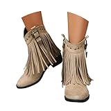 Generisch Damen Stiefeletten Westernstiefel Veloursleder Niedrige Absätze Fransenstiefel Plateau Ankle Boots Knöchelstiefel Winter Schlupfstiefel Elegant Schuhe