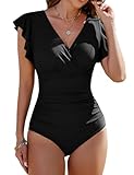 Vancavoo Badeanzug Damen Bauchweg Push Up Badeanzüge Einteilige Rückenfrei Rüschenärmel Strandmode Bademode Swimsuit Bikini Suits,Schwarz,XL