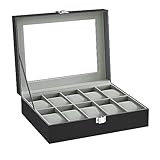 SONGMICS Uhrenbox mit 10 Fächern, Uhrenkasten mit Glasdeckel, Uhrenkoffer mit Herausnehmbaren Uhrenkissen, SAMT-Innenfutter, Metallverschluss, aus PU, Schwarz JWB010BK