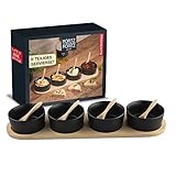 Moritz & Moritz 4x Schwarze Dipschalen Set mit Brett Holz - Dip Schälchen für Snacks - Snack Schalen Set Keramik - Dip Schalen Set - Kleine Schüsseln als Saucenschälchen, Snackschalen, Dessertschalen