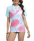 SURFEASY UV Shirt Damen Kurzarm UPF 50+ Schwimmshirt Schnelltrocknen Rundhals Badeshirt S-XXXL (Blätter/Hellblau, M)