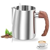 Milchkännchen Edelstahl 600ml, Milchkanne Barista mit Messung Mark, Blumennadel, Holzmaserung Handhaben, Milchkanne Edelstahl Tropfwassergeschützt für Cafés Restaurants Bars (Silber)