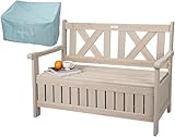 needs&wants® Gartenbank Holz wetterfest mit Stauraum und Abdeckung, 2-Sitzer Truhenbank Holzbank klassisch, Parkbank Sitzbank massiv Garten Outdoor mit Truhe, Naturholz Massivholz, grau-beige