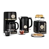 Klarstein Victoria Vollständiges Frühstücksset – Toaster 2 Scheiben mit Brötchenaufsatz, Wasserkocher 1,7L, Filterkaffeemaschine 12 Tassen, Retro Design, Warmhaltefunktion, Schwarz
