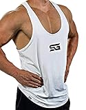 Satire Gym - Fitness Stringer Herren - Schnell trocknende & Funktionelle Herren Sportbekleidung -Tanktop Herren - Bodybuilding & Trainings Tank Top (weiß - schwarzer Print, L)