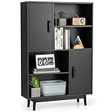 COSTWAY Bücherschrank mit 2 Türen und 4 offenen Regalen, Bücherregal Holz, Standregal, Holzregal, Aufbewahrungsregal für Wohnzimmer, Arbeitszimmer, Küche, 80 x 24 x 120 cm (Schwarz)