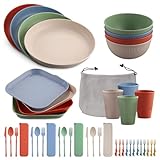 FUNYKICH 44pcs Camping Geschirr Set für 4 Personen, Leicht & Unzerbrechlich & Wiederverwendbar Geschirrsets mit Schüssel, Teller, Esslöffel, Essgabel, Becher und Taschen für Picknick, Camping