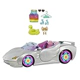 Barbie Extra, Auto Cabrio, in Silber, mit beweglichen Rädern inkl Zubehör Kleidung und Haustier, Spielzeug ab 3 Jahre, HDJ47
