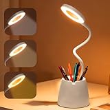 YANGUN Schreibtischlampe Kinder, LED Dimmbare Tischlampe mit Touch-Schalter und Stifthalter, 3 Farbmodi & 3 Helligkeitsstufen,USB Wiederaufladbare Dimmbare Nachttischlampe für Arbeiten Studieren-Weiß