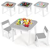 Clevich Kinder Tisch Stuhl Set, Kindersitzgarnitur, Stauraum, mit 2 PCS Stühlen, Kindersitzgruppe, Doppelseitiger Maltisch & Bauplatte, Packung mit 2 Stühlen, Kindermöbel für Kinderzimmer, Grau