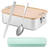Premium Edelstahl Lunchbox mit Holzdeckel: Bento Lunchbox mit 3 Fächern, Brotdose, Lunchbox Erwachsene Alles-in-Einem Umami, Jausenbox Erwachsene, für Schule, Arbeit, Picknick(mit Geschirr)