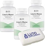 Lion's Mane Triple Pack + Pillbox - 1000mg pro Dosierung - Superfood - Vegan - 180 Kapseln - Perückenpilz / Hericium erinaceus - 30% Polysaccharid - Pilzextrakt - Luto Supplements