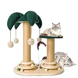 6 in 1 Interaktives Katzenspielzeug, Holz Katzenmöbel mit Hängenden Kugeln, Federn, Drehbar Smart Track Ball, Sisal- und Juteseil-Katzenkratzbaum für kleine und mittlere Katzen