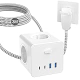 Steckdosenwürfel, Steckdosenleiste mit 2 USB, Mehrfachsteckdose mit 2 USB C, Steckerleiste mit Schalter, 4 Fach Power Strip, Mehrfachsteckdosen mit Flachstecker - 3M Kabel - Weiß