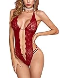 Avidlove Damen Sexy Bodysuit Unterwäsche Reizwäsche Body Rückenfrei Spitze Dessous Weinrot Medium