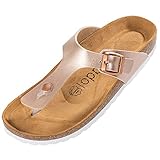 Palado Damen Zehentrenner Kos - Modische Pantoletten mit Natur Kork-Fussbett - Frauen Schuhe mit Sohle aus feinstem Veloursleder - angenehme Sandalen Metallic Rose 39 EU