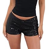 Acrawnni Damen-Shorts, glitzernde Pailletten, elastische niedrige Taille, Y2K, Party, Rave, Hotpants, figurbetonte Passform, glitzernde Nacht-Out-Booty-Shorts, Streetwear, A-schwarz, S