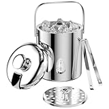 Ghazpmuk 1.3L Eiswürfelbehälter, Edelstahl Eiskübel mit Luftdichtem Deckel, Sieb und Eiszange, Doppelwandiger Isolierter Eiskübel, Eiswürfelkübel, Eiswürfel-Eimer, für Bar Party Hause