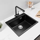 CECIPA Küchenspüle Schwarz 55x45cm, 80% Quarzsand Spülbecken aus Granit, 1 Becken Einbauspüle, Küchenspüle inkl Siphon & Über