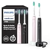 Philips Sonicare 3100 elektrische Zahnbürste, Schallzahnbürste, Andruckkontrolle und Timer, Sugar Rose und Schwarz, Zweierpack, Modell HX3675/15