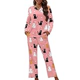 Biyejit Katzen-Schlafanzug-Set für Damen, legere Nachtwäsche, Pjs, Knopfleiste, Reverskragen, Nachtwäsche mit Taschen, XS-4XL für Pyjama-Party, Zuhause, 2-teiliges Outfit, katze, XS