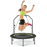 GYMAX Fitness Trampolin φ101cm, leise faltbares Mini Trampolin bis zu 150 kg Belastbar, Gartentrampolin mit höheverstellbarem Schaumstoffgriff & 2 Widerstandsbänder, für Erwachsene & Kinder (Grün)