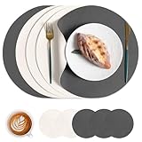 HAGOT 6PCS Tischsets Leder und Untersetzer, Tischsets Abwaschbar Rund Doppelseitigen, rutschfest Platzdeckchen Leder, Grau + Beige