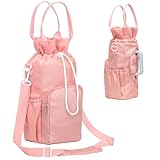 MZSX Wasserflasche Träger Tasche, Wasserflasche Träger mit Schultergurt isoliert, 2 Taschen für Hands-Free Walking, mit Riemen Sport Wasserflasche Zubehör, für Wandern Reisen Camping (Rosa)