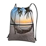 JAYWIS Paradise Beach mit Hängematte, Kokospalmen, bedruckt, Outdoor-Rucksack mit Kordelzug, mit Reißverschlusstaschen, wasserabweisend, leicht, für Wandern und Fitnessstudio, verstellbare Träger
