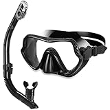 Taucherbrille Erwachsene Mit Schnorchel, Anti-Fog Snorkeling Mask, aus Gehärtetem Glas für Panorama-Sicht, Lebensmittelqualität Silikon Mundstück, Trockener Schnorchel Schwarz