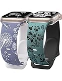 Wearlizer 2Packs Floral Gravierte Kompatibel mit Apple Watch Armband 41mm 40mm 42mm 38mm Damen, Zweifarbiges Blumen Silikon Sportarmband für iWatch Serie 10 9 8 7 6 5 4 3 2 1 SE, Blau/Grün