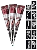 eLander 3x Temporäre Tattoo Natürliche + 10x Henna Schablone,Mehndi Tattoos, Kegel, sticker, Tätowierung (Braun)