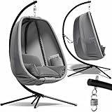 CASARIA® Hängesessel Outdoor mit Gestell 2 Seitentaschen Kissen XXL Hängestuhl 150kg Belastbar Indoor Schaukelsessel Grau Stabiler Stand Wetterfest