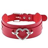 Aabellay Breit Lederhalsband Halskette Herz Form Damen Leder Choker Metall Ring Halsband Gotik Punk Rock Lederband Einstellbar Kragen - Rot mit Silber Herz