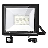 100W LED Strahler mit Bewegungsmelder Außen, Superhell 6500K 10000LM Kaltweiß LED Fluter Leuchte mit Bewegungssensor, IP66 Wasserdicht Außenstrahler Fluter Flutlicht für Garten, Innenhöfe, Garage