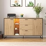 KOMHTOM Sideboard Kommode in originaler Holzfarbe, Anrichte mit Zwei Türen und DREI Schubladen, Mehrzweckschrank für Wohnzimmer Esszimmer Diele