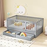 Goldicoo Bodenbett 90x200, Montessori Kinderbett mit Rausfallschutz, Lattenrost und 2 Schubladen, Gitterbett mit Tür, Umbaubar in Zwei getrennte Betten, Holz