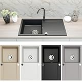 Faizee Home | Granitspüle 90x50 cm – Reversibles Spülbecken mit Abtropffläche inkl. Siphon & Drehexzenter | Kratzfest, hitzebeständig & für 45 cm Unterschränke (Schwarz Gesprenkelt)