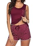 ADOME Pyjama Damen Ärmellos Kurz Schlafanzug Shorty Nachtwäsche Sexy Set Kurz Sleepwear Sommer Schlafanzüge Baumwolle Dunkelrot M