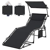 KING BIRD Sonnenliege mit Sonnenschutz,klappbar Liegestuhl 190x70x40cm,Gartenliege mit Verstellbarer Rückenlehne,inkl.Kopfkissen & Seitentasche - für Garten,Pool und Terrasse,Beige