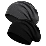 Kieswan 2 Pack Beanie Herren Mütze Damen, Baumwolle Slouch Dünne Mütze Unisex, Elastische Laufmütze Chemo Mütze für Warme Herbst Winter(Schwarz, Dunkelgrau)