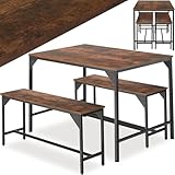 tectake Essgruppe, Esstisch 3-teilig, Sitzgruppe, Esszimmer Set mit Tisch und 2 Bänken, 110 x 70 x 75 cm, Industrial Design, ideal für Küche, Wohnzimmer, Esszimmer - Industrial Holz dunkel, rustikal