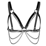 inlzdz Sexy Damen Unisex Brust Harness Halsband Kette Gürtel Metall Körper Geschirr Leder Brustgürtel Strumpfband Punk Gothic Clubwear Schwarz&Silber A One Size