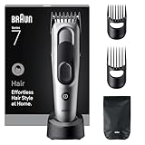 Braun Haarschneider Series 7, Haarschneidemaschine und Rasierapparat für Herren, Haartrimmer mit Ultrascharfer Klingen, 17 Längen, 5 Zubehörteile, 50 Min. Akku, Abwaschbar, HC7590, Grau