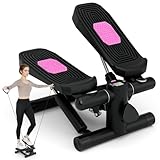 GYMAX Mini Stepper für Zuhause, Up-Down Stepper mit Power Ropes, LCD-Monitor & 5-stufige höhenverstellbare Pedale, 2 in 1 Trainingsgerät bis 100kg, Fitnessgeräte für Zuhause