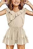 Haloumoning Jumpsuit Mädchen Rüschensaum Loose Fit Ärmellos Strampler Kinder Sommer Casual Shorts mit Taschen Overall,Beige,8-10 Jahre